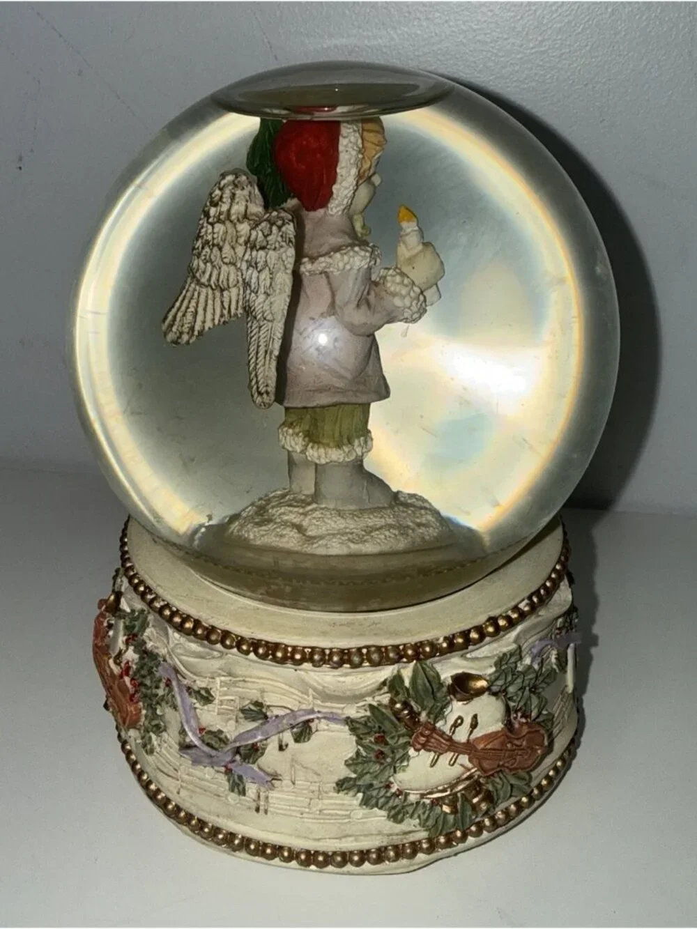 Vintage Christmas Angel Snow Globe Musical Box Holioday Decor Violin Holly Base